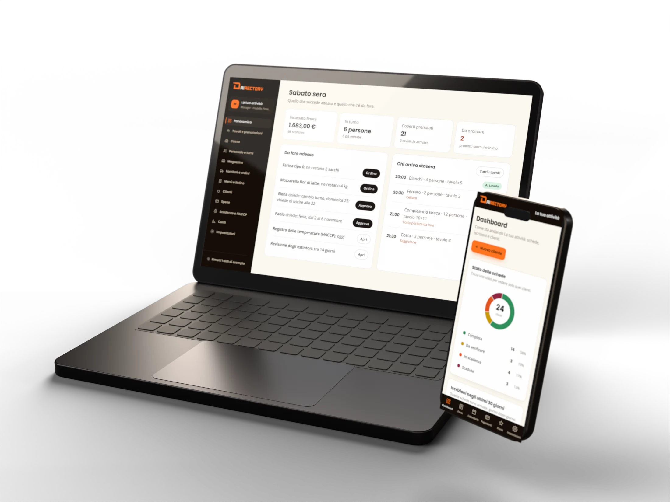 Un portatile con il Manager di Dairectory aperto sulla panoramica della serata e, davanti, un telefono con la dashboard di Flow.