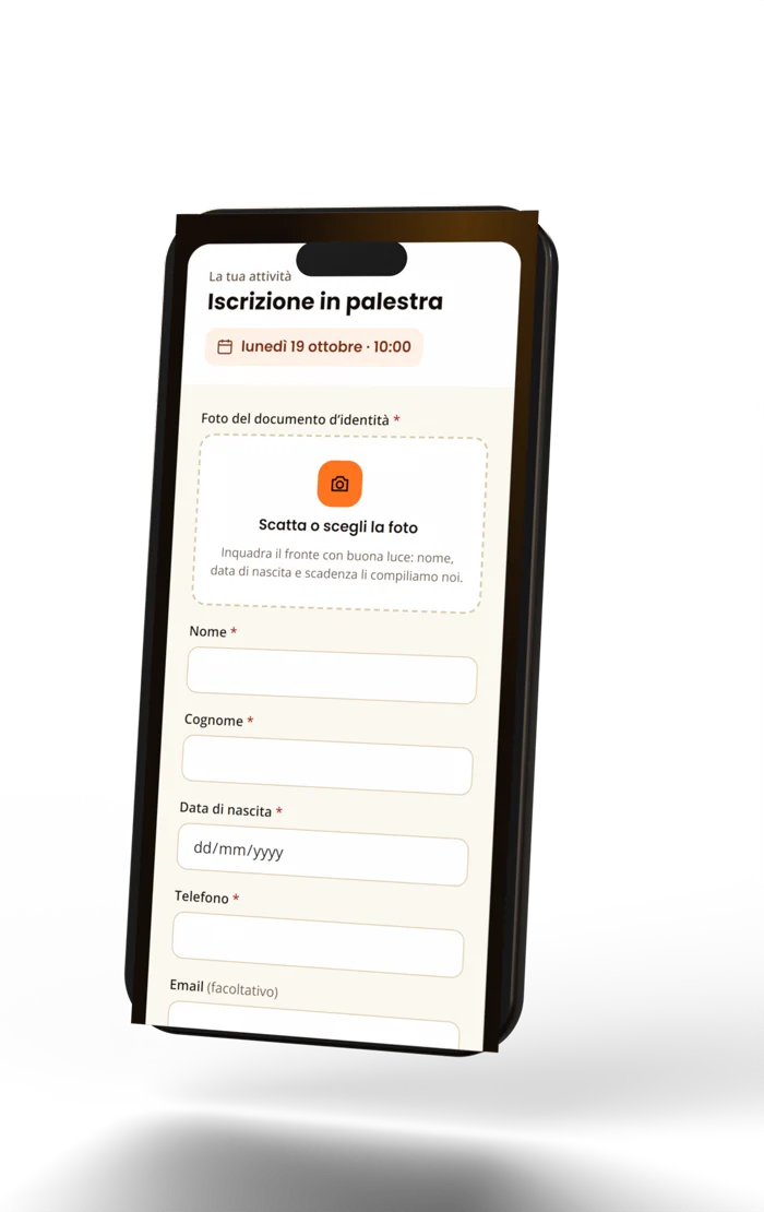 Un telefono con il form che riceve il cliente: la foto del documento, poi nome, cognome e data di nascita.